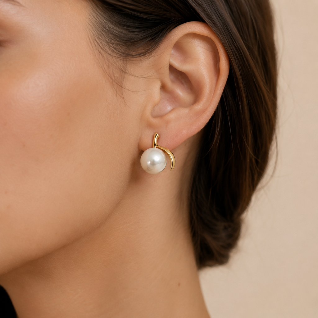 Golden Leaf Pearl Stud Earrings