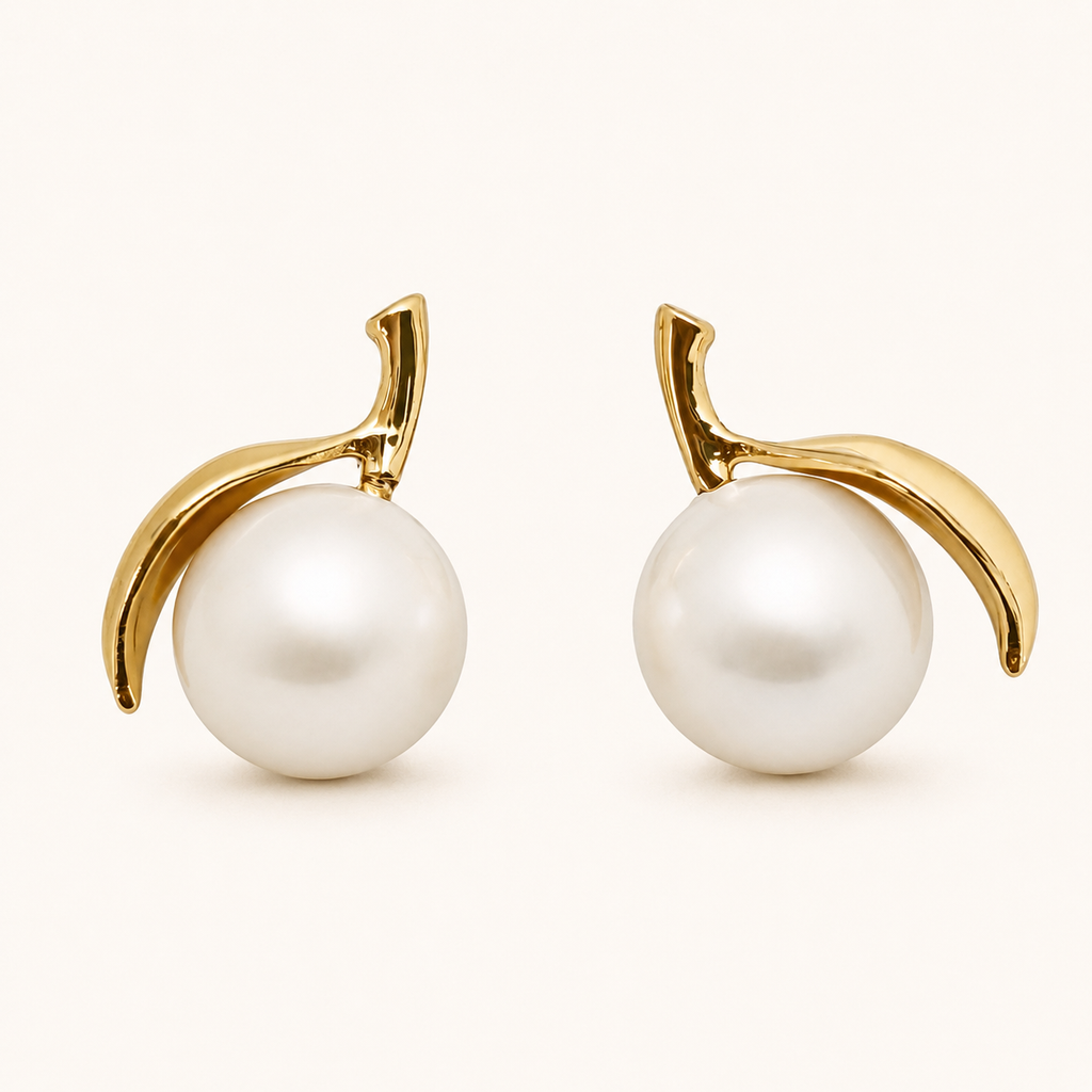 Golden Leaf Pearl Stud Earrings