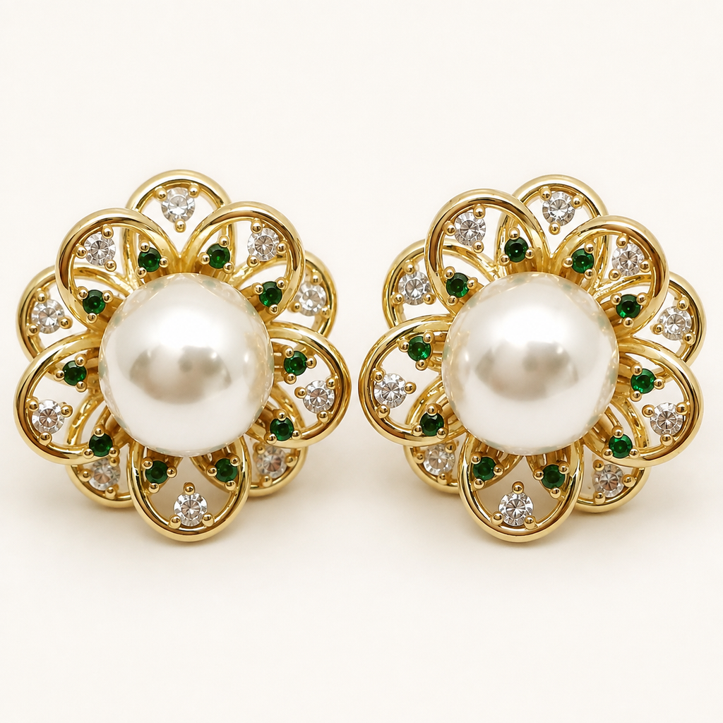 Emerald Bloom Pearl Stud Earrings