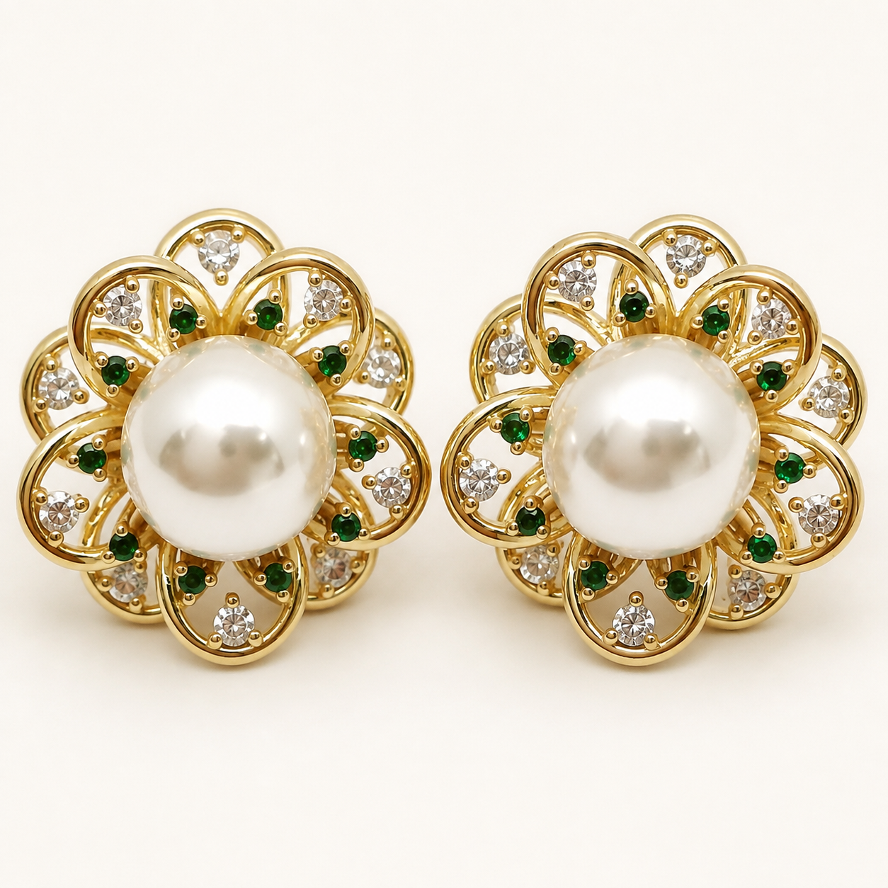 Emerald Bloom Pearl Stud Earrings