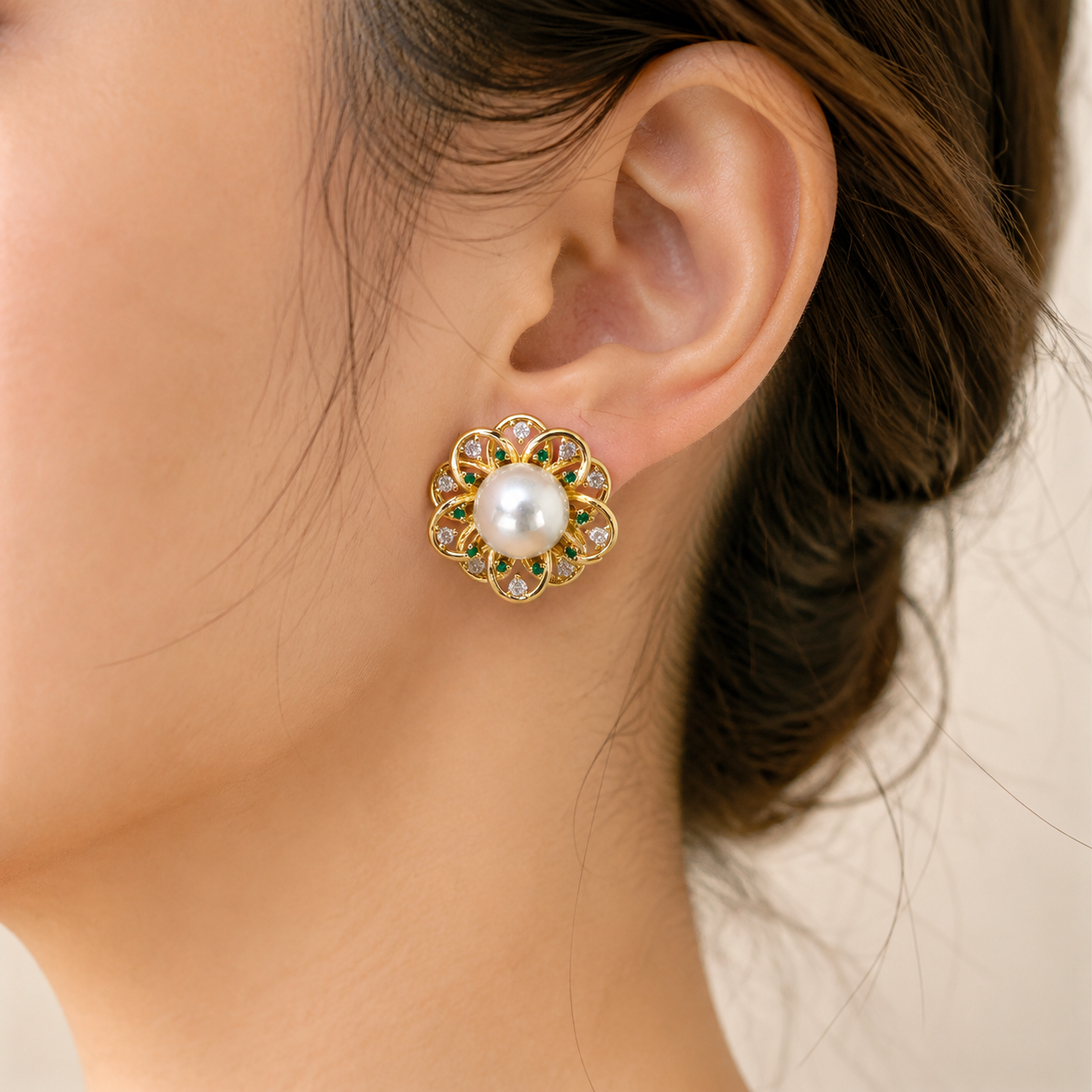 Emerald Bloom Pearl Stud Earrings